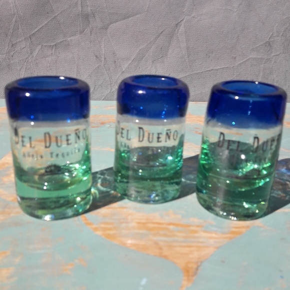 3 Art Glass Hand Blown Shot Glasses Handmade Colored Bubble Glass Blue Green - Picture 10 of 10